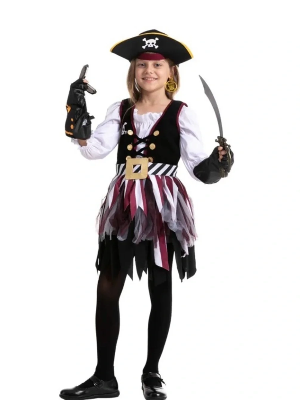 Kids Pirate Costume Dress in Black, White & Burgundy - Brand: Spooktacular S